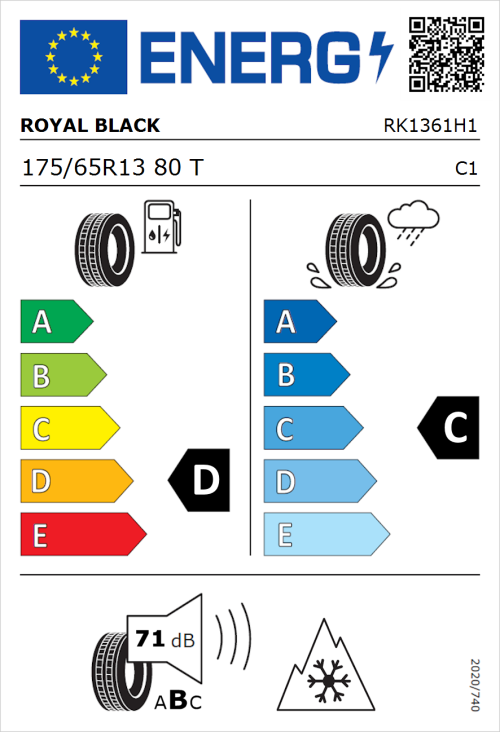 Tyre Label for Royal Black Royal A/S 175/65R13 80T