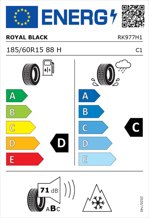 Tyre Label for Royal Black Royal A/S 185/60R15 88H