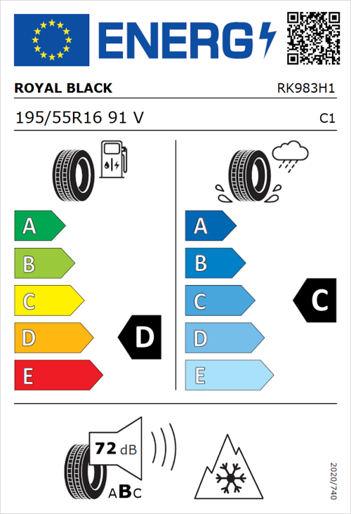 Tyre Label for Royal Black Royal A/S 195/55R16 91V