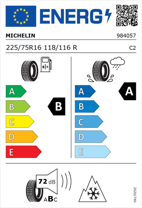 Tyre Label for Michelin Agilis 3 225/75R16 118/116R